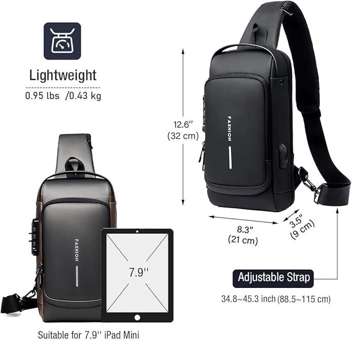 Black crossbody bag with measurements and features on a white background