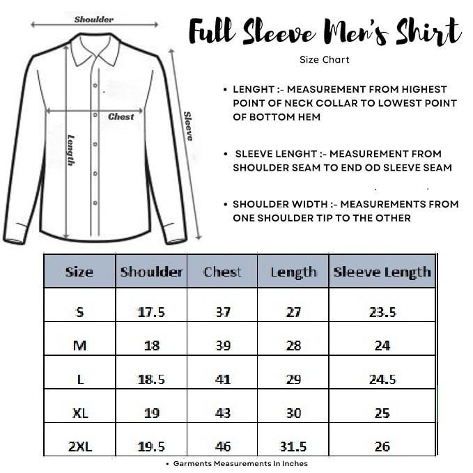 Size chart for full sleeve men's shirts with measurements in inches.